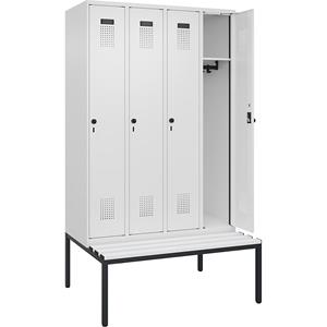 Lockerkast Evolo PLUS met zitbank, 4 compartimenten, wit, b = 1200 mm, veiligheidsdraaigrendel, met ondergebouwde zitbank, kunststof