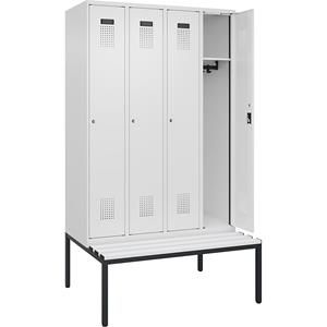 Lockerkast Evolo PLUS met zitbank, 4 compartimenten, wit, b = 1200 mm, cilinderslot, met ondergebouwde zitbank, kunststof