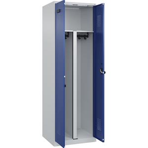 Multifunctionele lockerkast Evolo PLUS, 1 compartiment, scheidingswand ingekort, lichtgrijs / gentiaanblauw, b = 600 mm, met voetdoppen, veiligheidsdraaigrendel