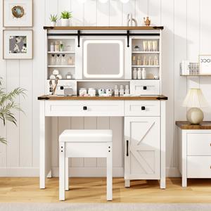 Costway Kaptafel en Krukset met Verlichting en Schuifspiegel 3-Kleurige Dimbare Led-Verlichting Zijkast Verstelbare Opbergplanken Wit