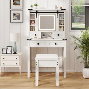 Costway Kaptafel en Kruk Set met Verlichting en Schuifspiegel LED Verlichting Zijkast 4 Lades Verstelbare Opbergplanken Wit