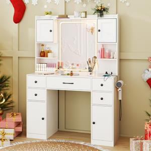 Costway Kaptafel met Verlichte Spiegel met 3-Kleurige Dimbare LED-Verlichting Kaptafel met Oplaadstation en Kasten met Verstelbare Planken Wit