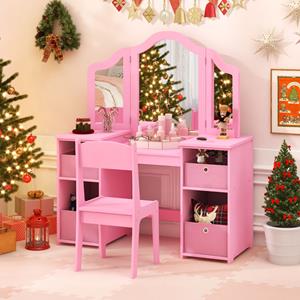 Costway Kaptafel & Stoel Set voor Kinderen 2-In-1 kaptafel Set met 3 Afneembare Spiegels 4 Opbergbakken Make-Up Tafel & Stoel voor Kinderen 3+