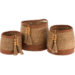 J-Line  Set Van 3 Manden Rond Parel Naturel|bruin - 39x39x35cm