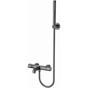 BES LED Thermostatische Bad/Douchekraan met Staafhanddouche en Handdouchehouder - Leoni - RVS - PVD - Gunmetal Grijs