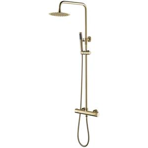 BES LED Thermostatische Regendoucheset - Leoni Rimbo - 20cm - Ronde Hoofddouche - Staafhanddouche - RVS - PVD - Geborsteld Goud