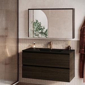 Fontana Rovigo badmeubel 100cm kasteel bruin met zwarte wastafel met kraangat en spiegelkast zonder verlichting