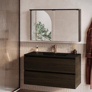 Fontana Rovigo badmeubel 100cm kasteel bruin met zwarte wastafel met kraangat en spiegelkast met verlichting