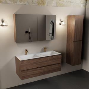 Mondiaz Aivy badmeubel 120cm mocha met wastafel solid surface talc dubbel 2 kraangaten en spiegelkast