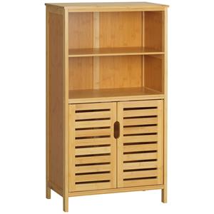Kleankin badkamermeubel, stijlvol bamboe, met lamellendeuren, 2 planken, 1 kast, ruimtebesparend, 50 x 29 x 92 cm, naturel | Aosom.nl