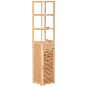 Kleankin badkamerplank, multifunctioneel, 3 open vakken, lade met louvredeur, duurzaam bamboe, 32 x 30 x 163 cm, stijlvol | Aosom.nl