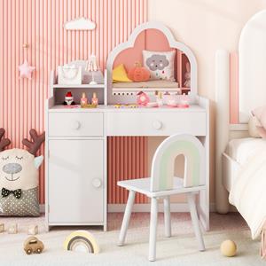 Costway Make-Uptafel voor Kinderen Wolkvormig 2-In-1 Kaptafel met Kruk Houten Kinderkaptafelset met Spiegel Kast en 2 Laden Wit
