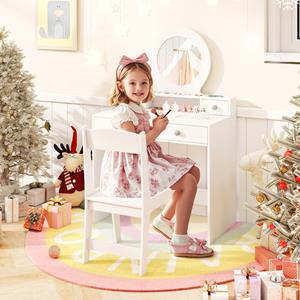 Costway 2-In-1 Kinderkaptafelset Kinderkaptafel met Spiegel Open Plank en 4 Laden Kaptafel met Kruk Make-Uptafel voor Kinderen 3+ Wit