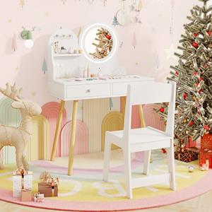 Costway Kinderkaptafelset met Verlichte Spiegel Make-Uptafel en Stoelset Open Plank Haken en Lades Houten Kaptafel Wit