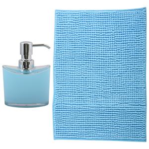MSV badkamer droogloop mat - Bolzano - x 60 cm - met bijpassende kleur zeeppompje - lichtblauw -