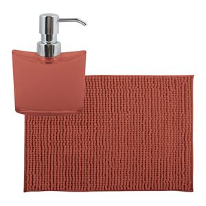 MSV badkamer droogloop mat/tapijtje - x 60 cm - en zelfde kleur zeeppompje 260 ml - terracotta -