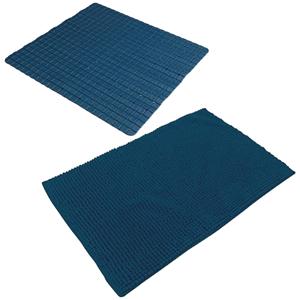 Urban Living Douche anti-slip en droogloop mat/tapijt - badkamer set - rubber/polyester - donkerblau -