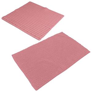 Urban Living Douche anti-slip en droogloop mat/tapijt - badkamer set - rubber/polyester - oud roze -