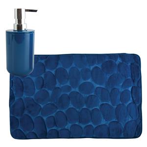 MSV badkamer droogloop mat/tapijt Kiezel - 50 x 80 cm - zelfde kleur zeeppompje - donkerblauw -