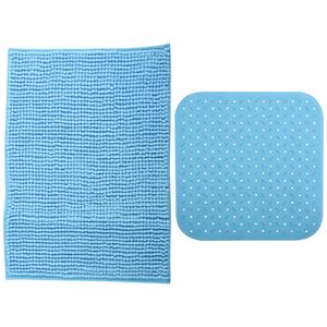 MSV Douche anti-slip mat en droogloop mat - Sevilla badkamer set - rubber/microvezel - lichtblauw -