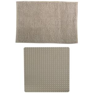 MSV Douche anti-slip mat en droogloop mat - Sevilla badkamer set - rubber/microvezel - beige -