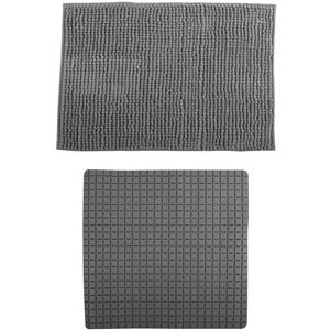MSV Douche anti-slip mat en droogloop mat - Sevilla badkamer set - rubber/microvezel - donkergrijs -