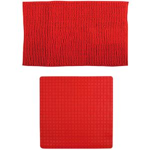 MSV Douche anti-slip mat en droogloop mat - Sevilla badkamer set - rubber/microvezel - rood -