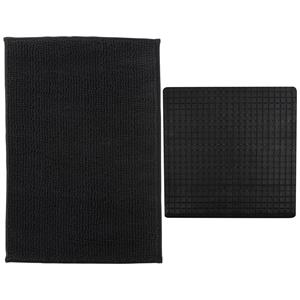 MSV Douche anti-slip mat en droogloop mat - Sevilla badkamer set - rubber/microvezel - zwart -