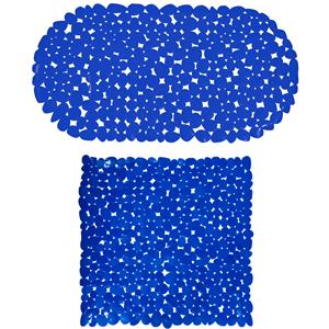 MSV Douche/bad anti-slip matten set badkamer - pvc - 2x stuks - donkerblauw - 2 formaten -