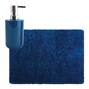 MSV badkamer droogloop tapijt - Langharig - 50 x 70 cm - incl zeeppompje zelfde kleur - donkerblauw -