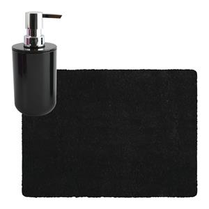 MSV badkamer droogloop tapijt - Langharig - 50 x 70 cm - incl zeeppompje zelfde kleur - zwart -