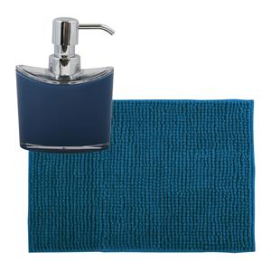 MSV badkamer droogloop mat/tapijtje - 50 x 80 cm - en zelfde kleur zeeppompje 260 ml - donkerblauw -