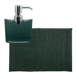 MSV badkamer droogloop mat/tapijtje - 50 x 80 cm - en zelfde kleur zeeppompje 260 ml - donkergroen -