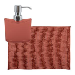 MSV badkamer droogloop mat/tapijtje - 50 x 80 cm - en zelfde kleur zeeppompje 260 ml - terracotta -