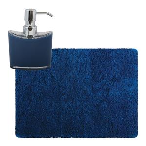 MSV badkamer droogloop tapijt - Langharig - 50 x 70 cm - incl zeeppompje 260 ml - donkerblauw -