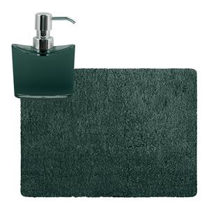 MSV badkamer droogloop tapijt - Langharig - 50 x 70 cm - incl zeeppompje 260 ml - donkergroen -