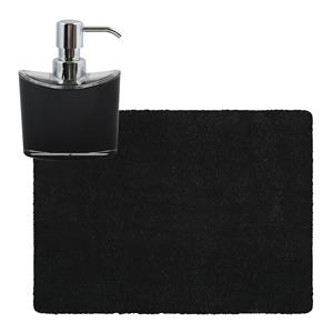 MSV badkamer droogloop tapijt - Langharig - 50 x 70 cm - incl zeeppompje 260 ml - zwart -