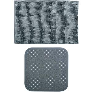 MSV Douche anti-slip mat en droogloop mat - Sevilla badkamer set - rubber/microvezel - donkergrijs -