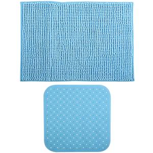 MSV Douche anti-slip mat en droogloop mat - Sevilla badkamer set - rubber/microvezel - lichtblauw -