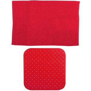 MSV Douche anti-slip mat en droogloop mat - Sevilla badkamer set - rubber/microvezel - rood -