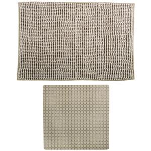 MSV Douche anti-slip mat en droogloop mat - Sevilla badkamer set - rubber/microvezel - beige -