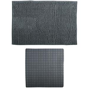 MSV Douche anti-slip mat en droogloop mat - Sevilla badkamer set - rubber/microvezel - donkergrijs -