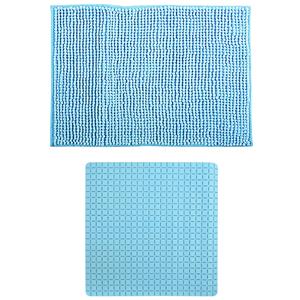 MSV Douche anti-slip mat en droogloop mat - Sevilla badkamer set - rubber/microvezel - lichtblauw -