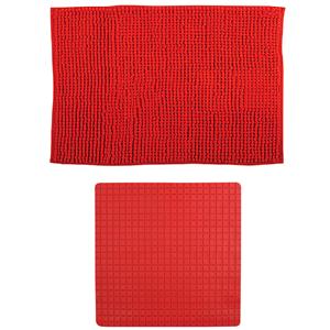 MSV Douche anti-slip mat en droogloop mat - Sevilla badkamer set - rubber/microvezel - rood -