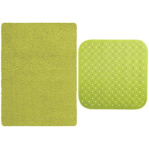 MSV Douche anti-slip mat en droogloop mat - Venice badkamer set - rubber/microvezel - limegroen -