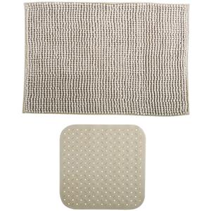 MSV Douche anti-slip mat en droogloop mat - Sevilla badkamer set - rubber/microvezel - beige -