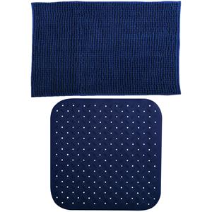 MSV Douche anti-slip mat en droogloop mat - Sevilla badkamer set - rubber/microvezel - donkerblauw -