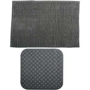 MSV Douche anti-slip mat en droogloop mat - Sevilla badkamer set - rubber/microvezel - donkergrijs -