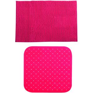 MSV Douche anti-slip mat en droogloop mat - Sevilla badkamer set - rubber/microvezel - fuchsia roze -