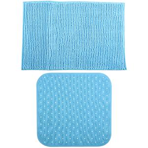 MSV Douche anti-slip mat en droogloop mat - Sevilla badkamer set - rubber/microvezel - lichtblauw -